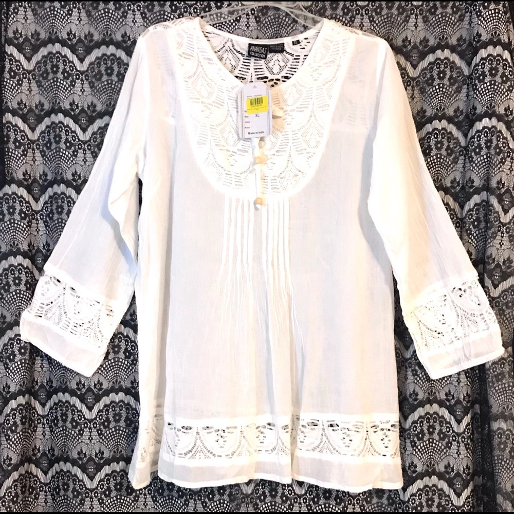 NWT Women’s White Boho Top w/ Lace Accents- XL